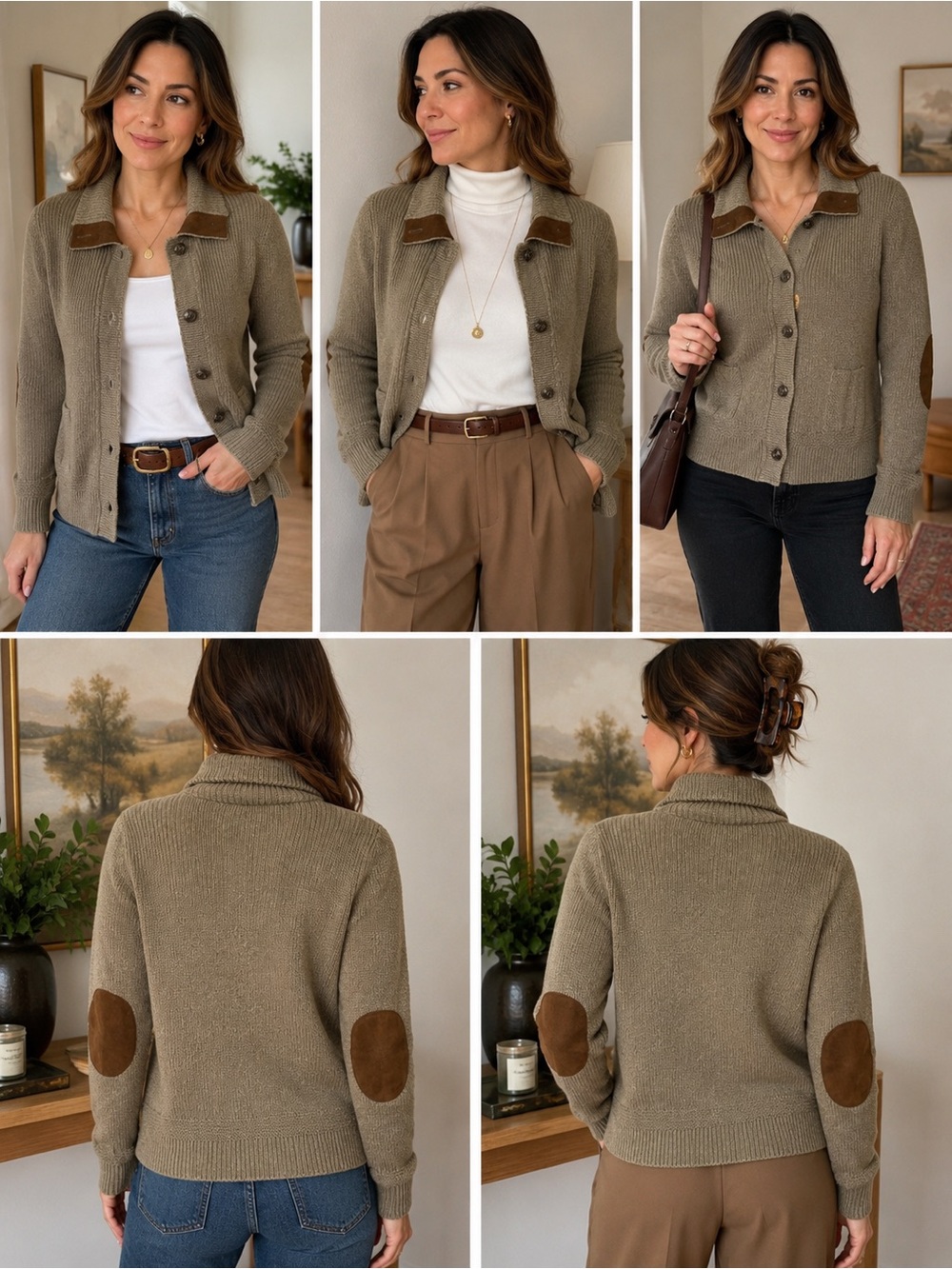 LRL Ralph Lauren Women Petite P Brown Cotton Knit Cardigan Suede Elbow Patches